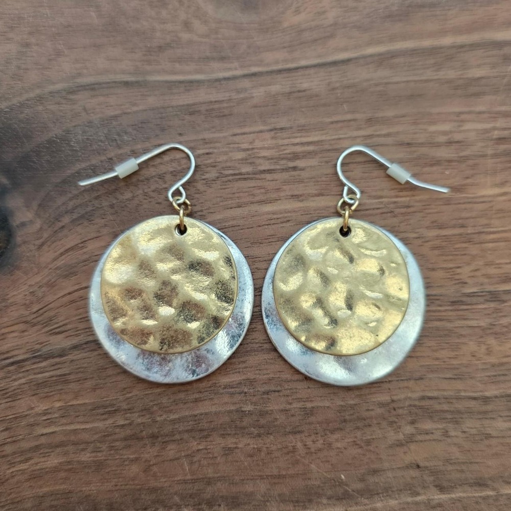 Vintage Gold Silver Disc Dangle Earrings Boho Hammered Layered Drop Artisan